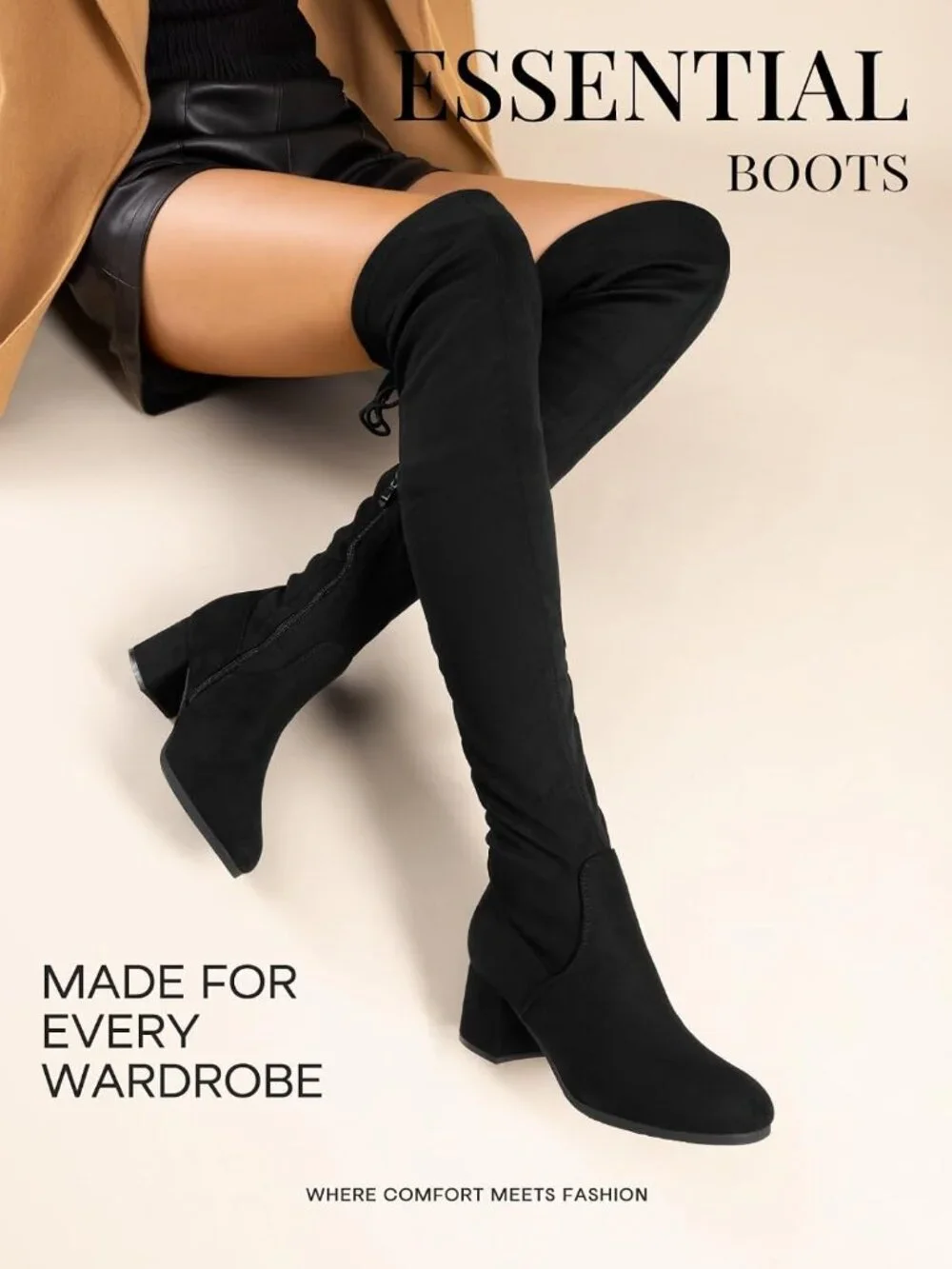 Women's Black Faux Suede Chunky Heel Round Toe Over The Knee Thigh High Boots